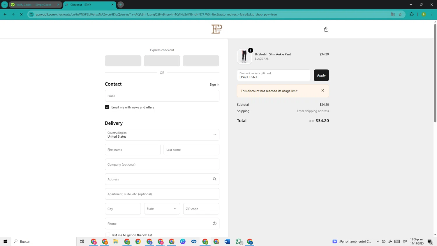 EPNY Golf promo code screenshot showing code EP42XJP5NX applied at EPNY Golf checkout page. Uploaded by SimplyCodes community member TokenOwl8222 on Nov 17, 2025