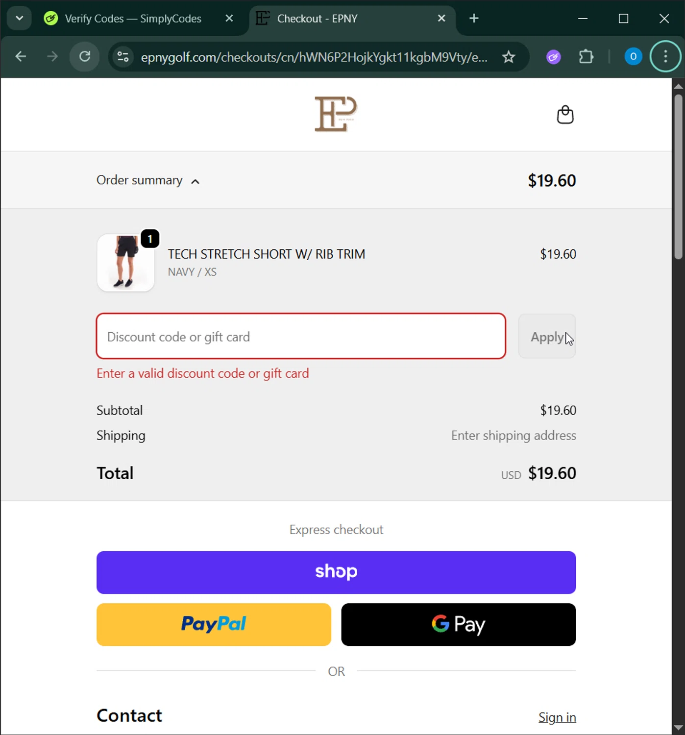 EPNY Golf promo code screenshot showing code EPVXRGSX8H applied at EPNY Golf checkout page. Uploaded by SimplyCodes community member RoyalSage9159 on Dec 14, 2025