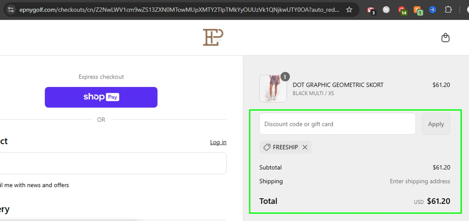 EPNY Golf promo code screenshot showing code FREESHIP applied at EPNY Golf checkout page. Uploaded by SimplyCodes community member couponcheck02 on May 24, 2025