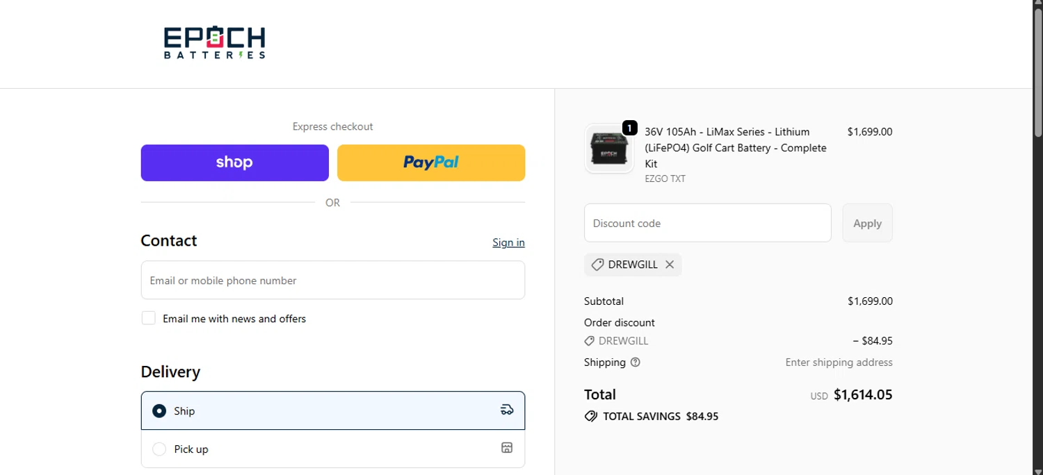 Epoch Batteries discount code screenshot showing code DREWGILL applied at Epoch Batteries checkout page. Uploaded by SimplyCodes community member ______________ on Dec 9, 2025