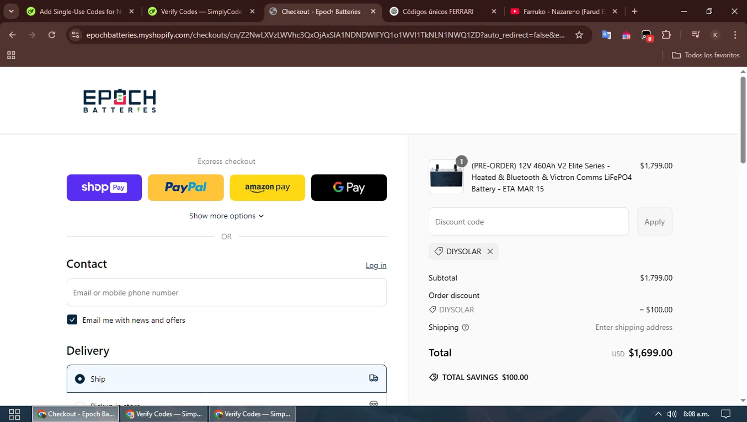 Epoch Batteries discount code screenshot showing code DIYSOLAR applied at Epoch Batteries checkout page. Uploaded by SimplyCodes community member SavingsBoss991 on Mar 12, 2025