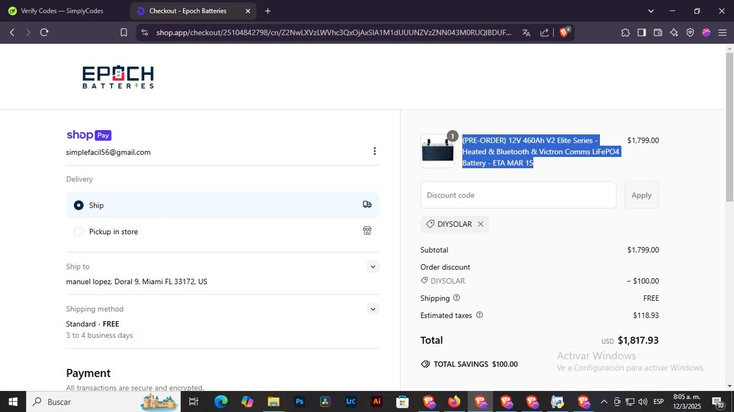 Epoch Batteries discount code screenshot showing code DIYSOLAR applied at Epoch Batteries checkout page. Uploaded by SimplyCodes community member SilverSentinel7889 on Mar 12, 2025