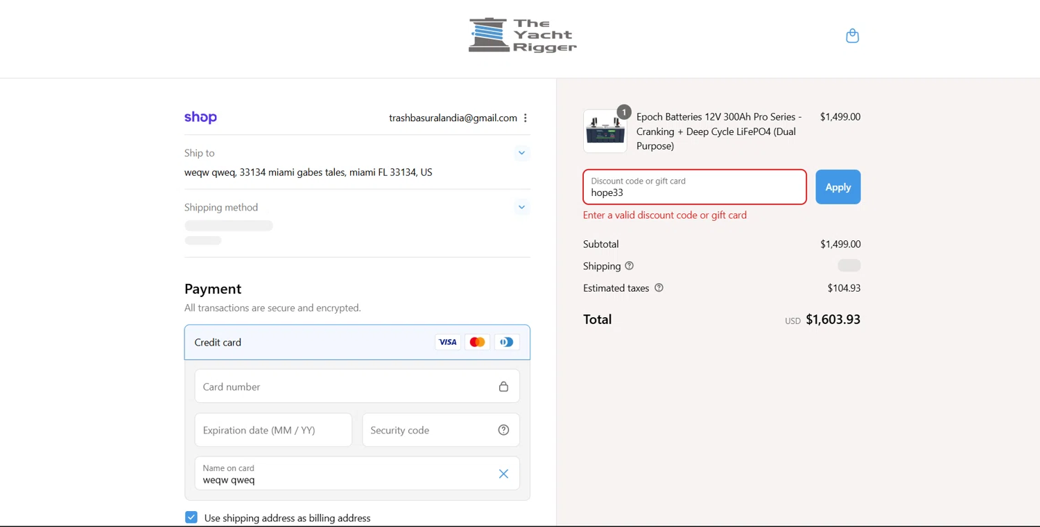 Epoch Batteries discount code screenshot showing code DREWGILL applied at Epoch Batteries checkout page. Uploaded by SimplyCodes community member Teresa on Sep 9, 2025