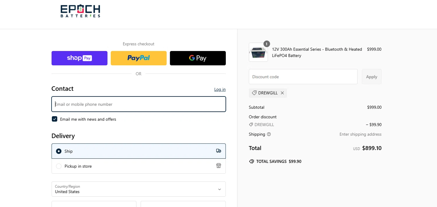 Epoch Batteries discount code screenshot showing code DREWGILL applied at Epoch Batteries checkout page. Uploaded by SimplyCodes community member jenifferalvarez on Feb 21, 2025
