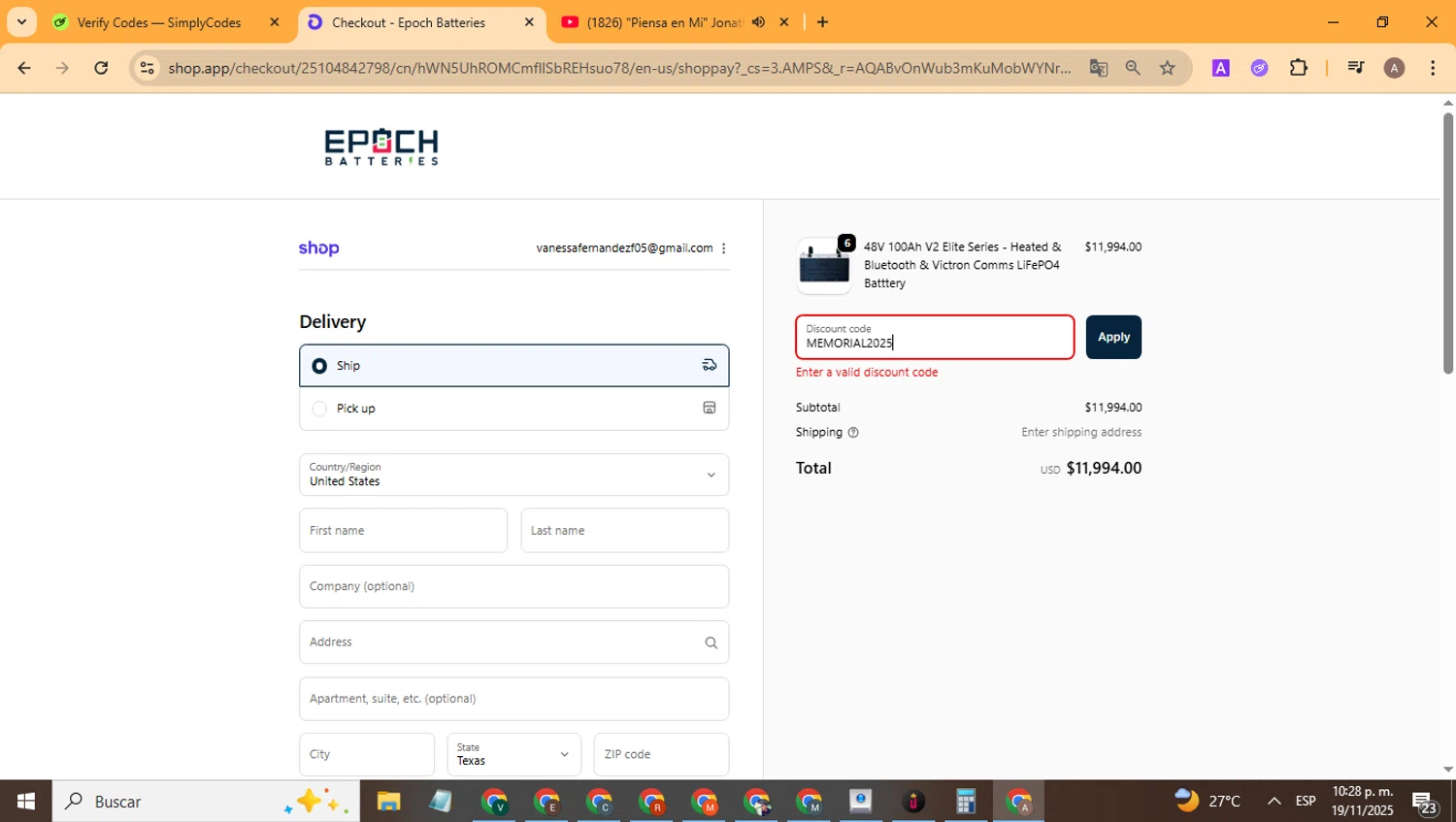 Epoch Batteries discount code screenshot showing code MEMORIAL2025 applied at Epoch Batteries checkout page. Uploaded by SimplyCodes community member CoinHunter8661 on Nov 20, 2025