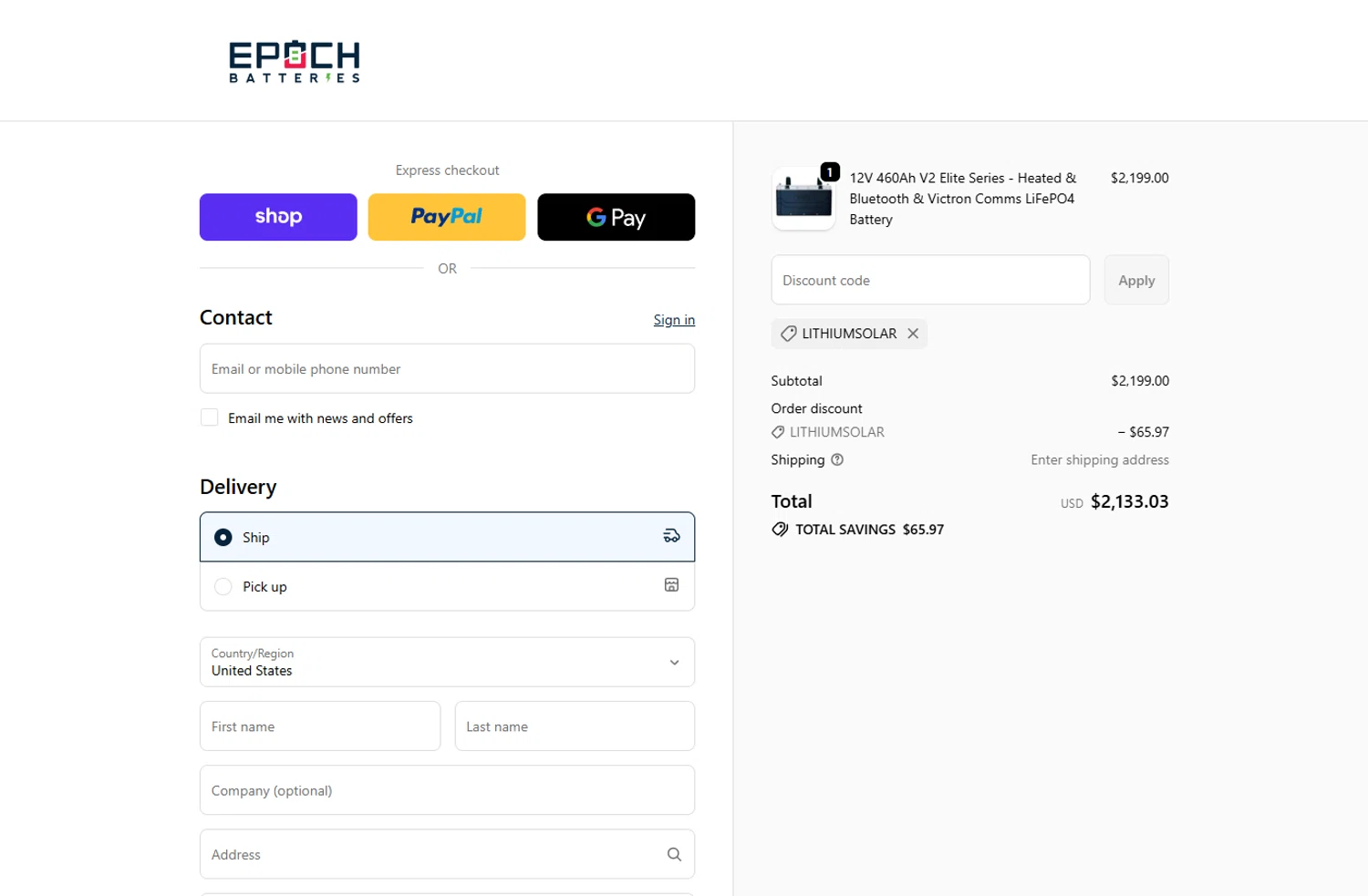 Epoch Batteries discount code screenshot showing code LITHIUMSOLAR applied at Epoch Batteries checkout page. Uploaded by SimplyCodes community member ivantorres on Nov 3, 2025
