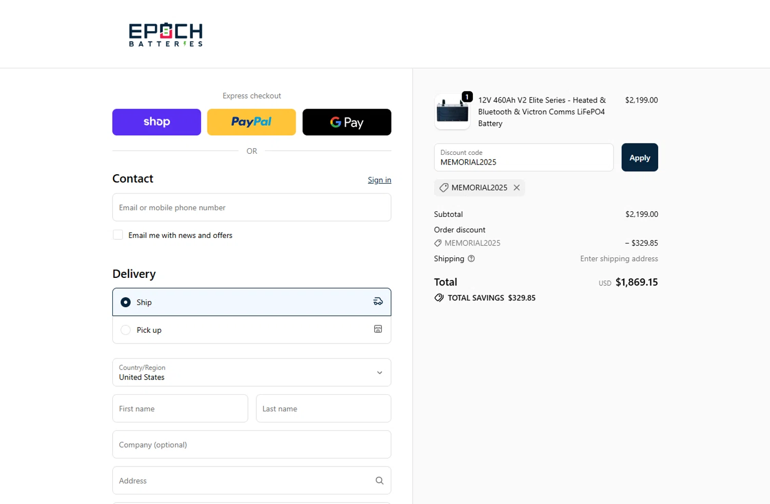 Epoch Batteries discount code screenshot showing code MEMORIAL2025 applied at Epoch Batteries checkout page. Uploaded by SimplyCodes community member ivantorres on Nov 3, 2025