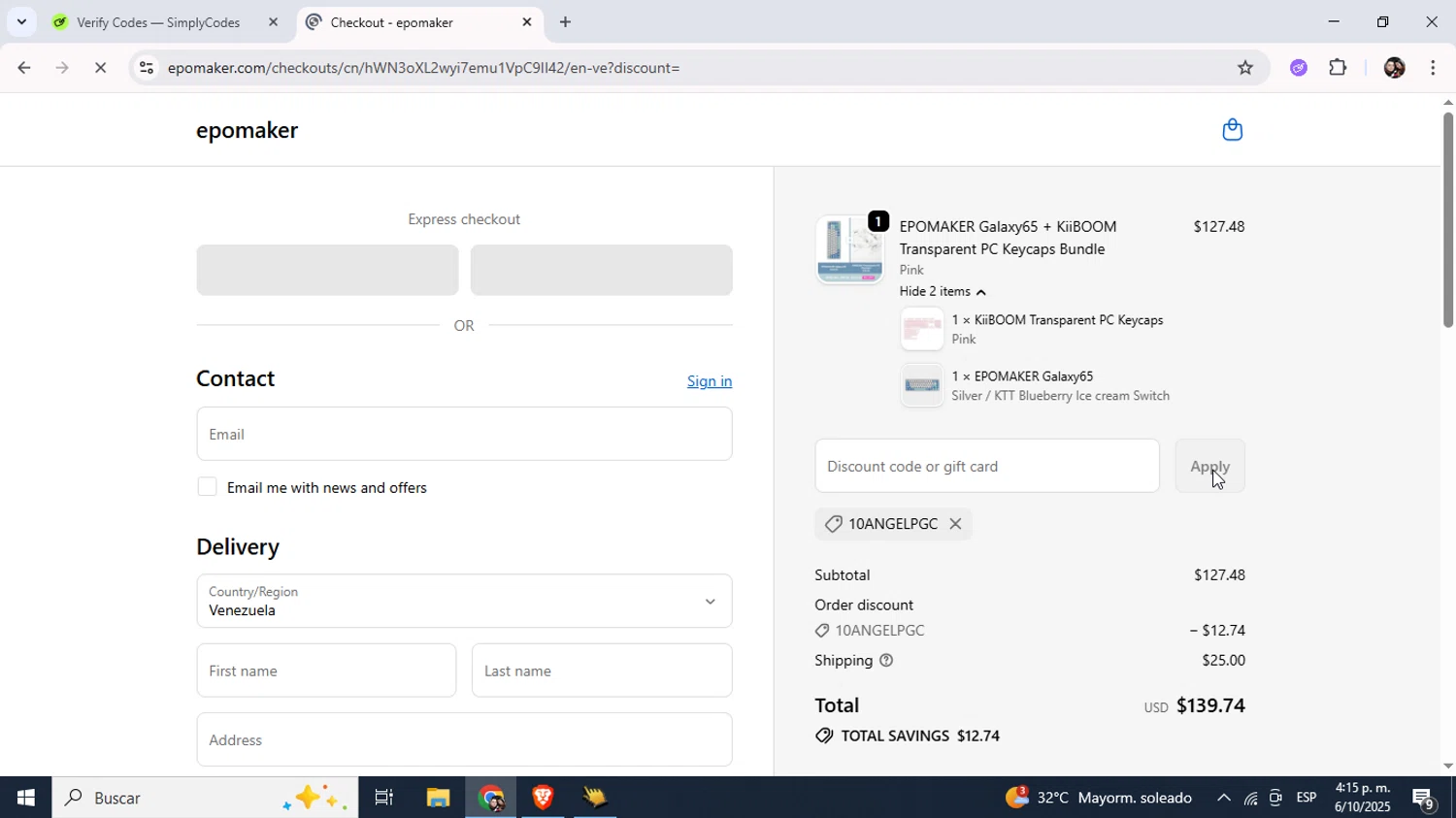 Epomaker discount code screenshot showing code 10ANGELPGC applied at Epomaker checkout page. Uploaded by SimplyCodes community member Junniorduno on Oct 6, 2025