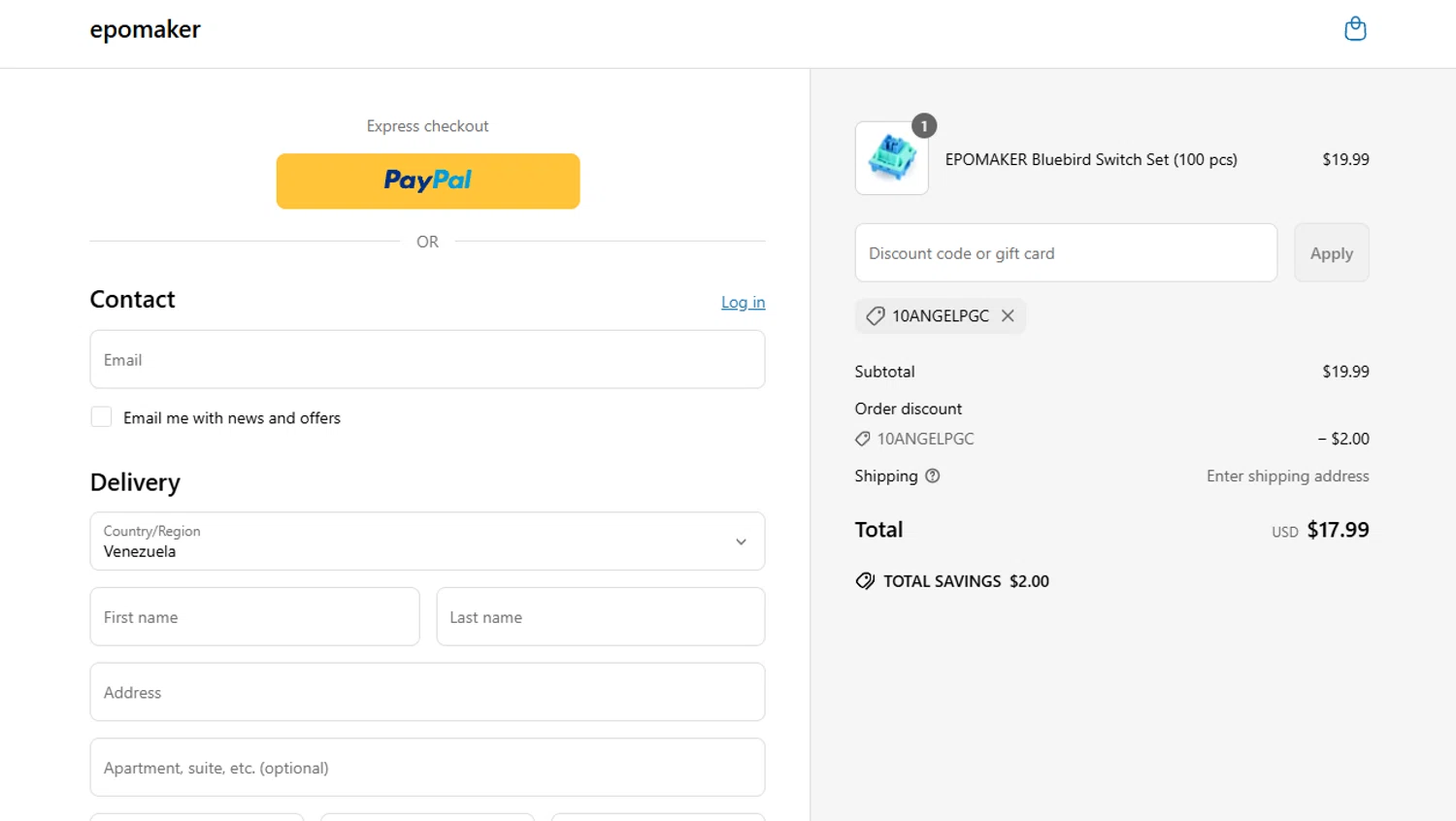 Epomaker discount code screenshot showing code 10ANGELPGC applied at Epomaker checkout page. Uploaded by SimplyCodes community member MoneyScout2554 on Mar 28, 2025