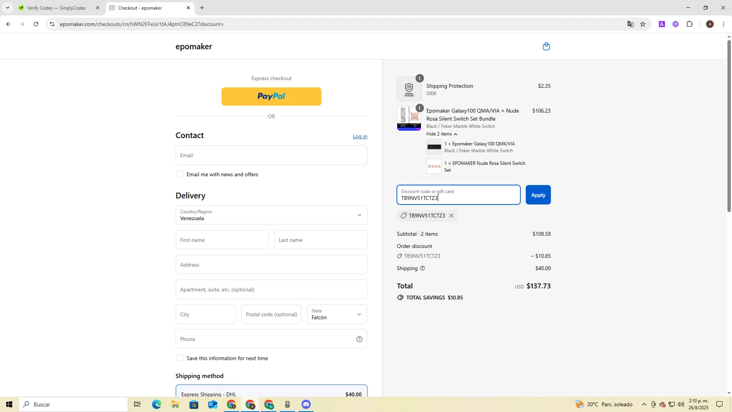 Epomaker discount code screenshot showing code TB9NV51TCTZ3 applied at Epomaker checkout page. Uploaded by SimplyCodes community member ShieldAdmiral2781 on Aug 26, 2025