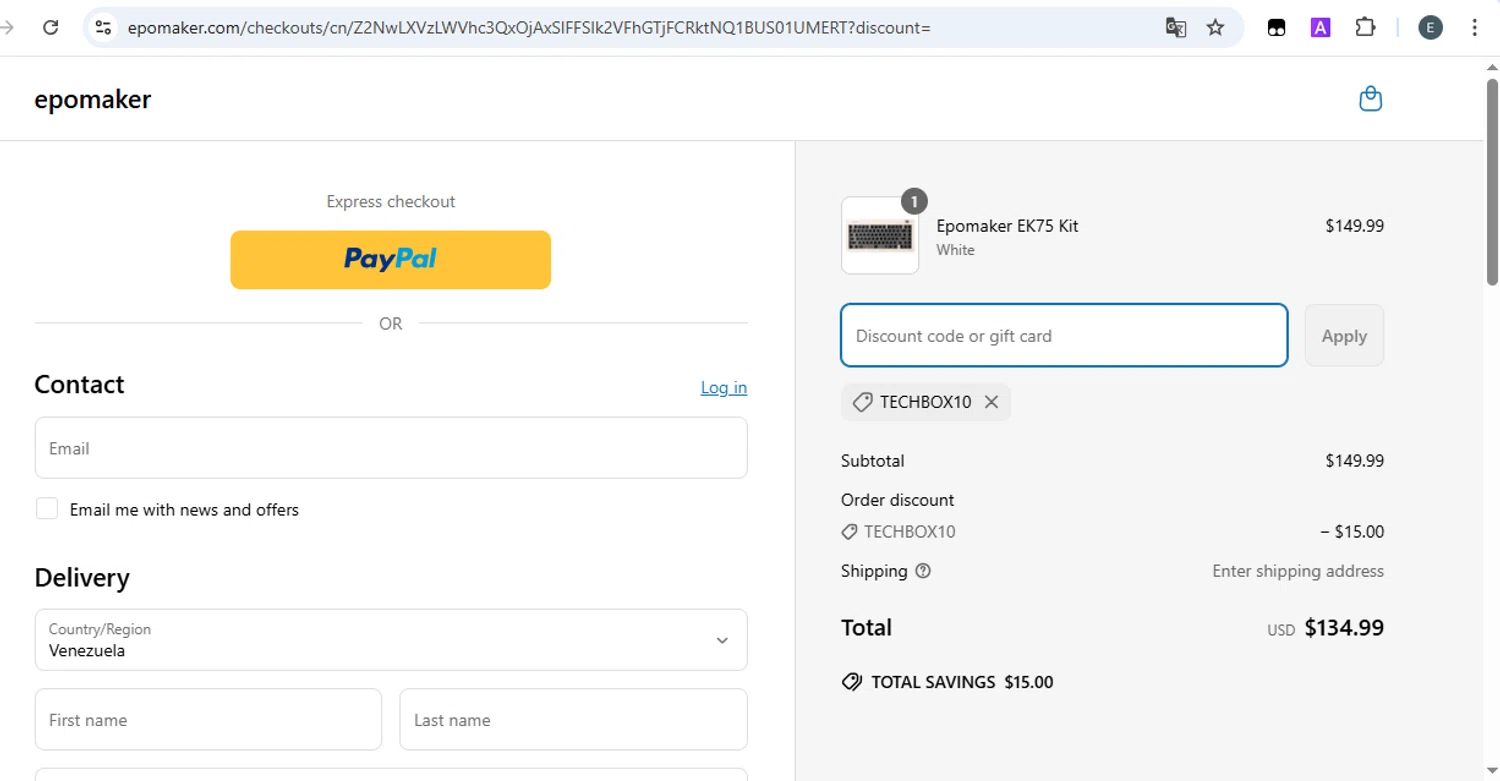 Epomaker discount code screenshot showing code TECHBOX10 applied at Epomaker checkout page. Uploaded by SimplyCodes community member SilverKnight4465 on Mar 28, 2025