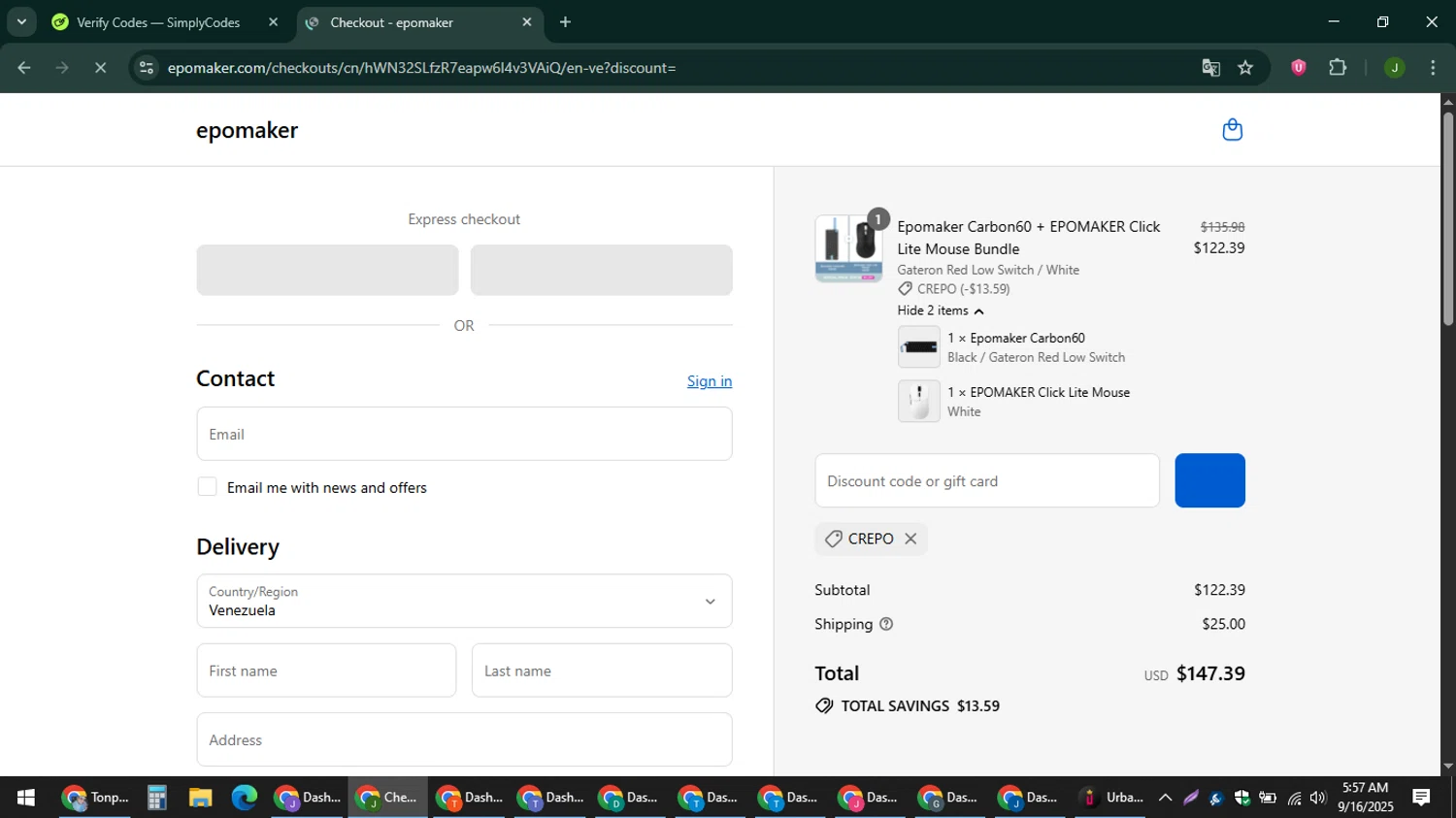 Epomaker discount code screenshot showing code CREPO applied at Epomaker checkout page. Uploaded by SimplyCodes community member ShieldFinder369 on Sep 16, 2025