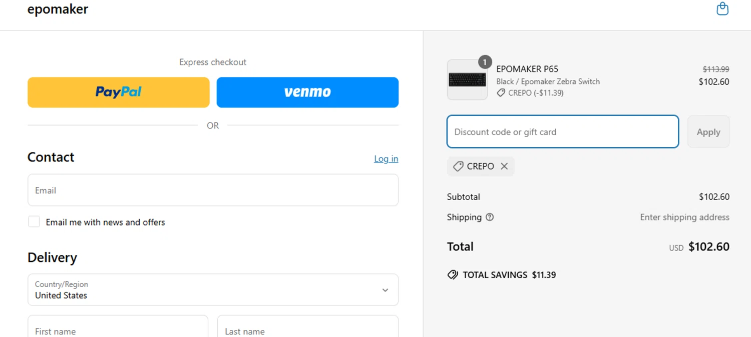 Epomaker discount code screenshot showing code CREPO applied at Epomaker checkout page. Uploaded by SimplyCodes community member SnoopDogg on Apr 16, 2025