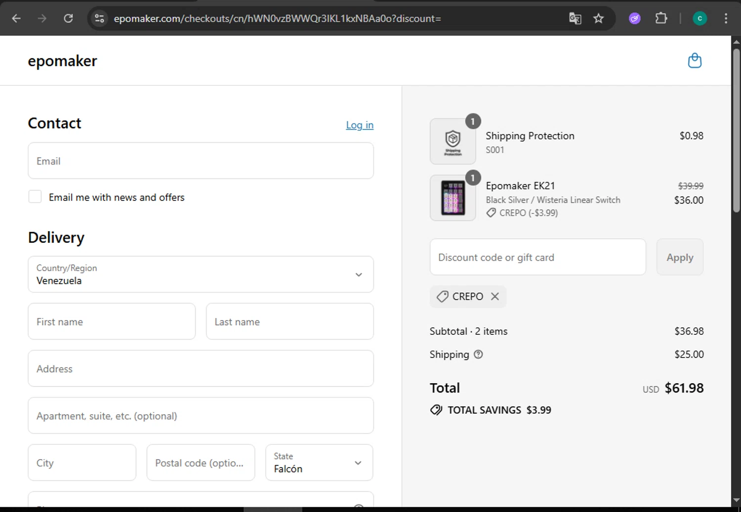 Epomaker discount code screenshot showing code CREPO applied at Epomaker checkout page. Uploaded by SimplyCodes community member WiseMonarch3906 on Jul 22, 2025