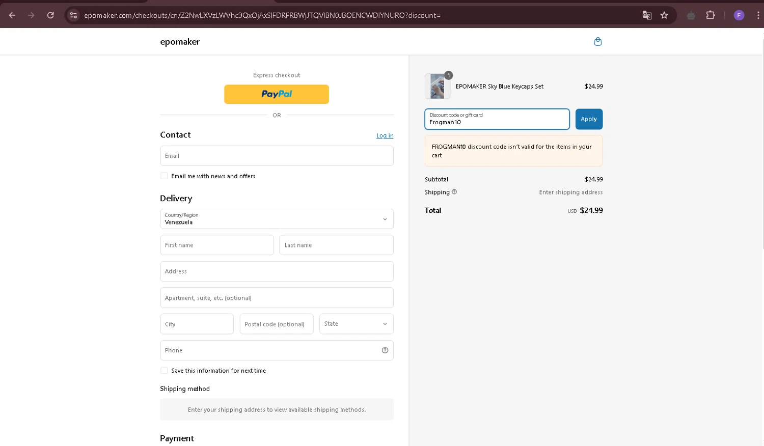 Epomaker discount code screenshot showing code Frogman10 applied at Epomaker checkout page. Uploaded by SimplyCodes community member Richard2 on Mar 27, 2025