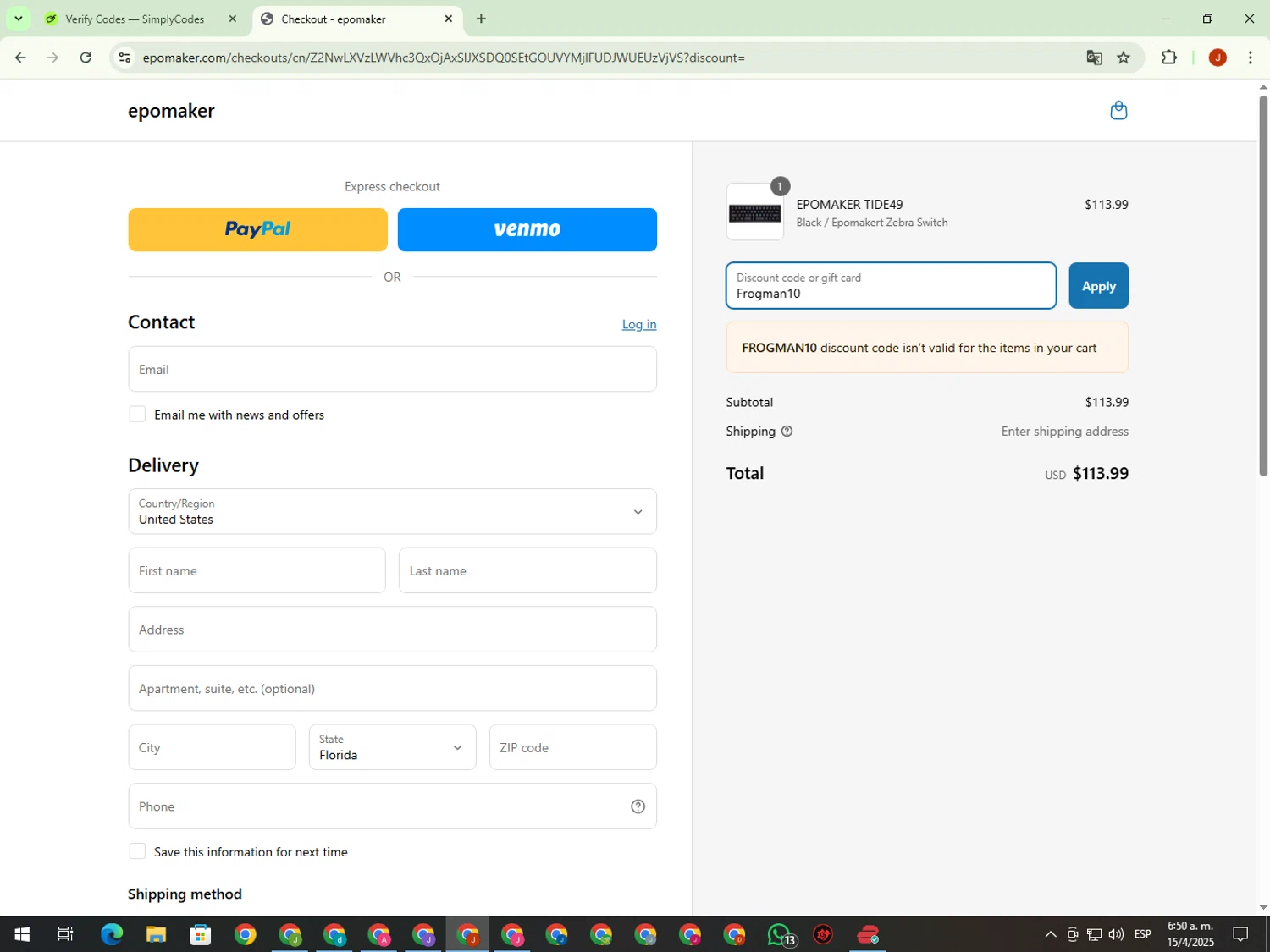 Epomaker discount code screenshot showing code Frogman10 applied at Epomaker checkout page. Uploaded by SimplyCodes community member KimDokja on Apr 15, 2025