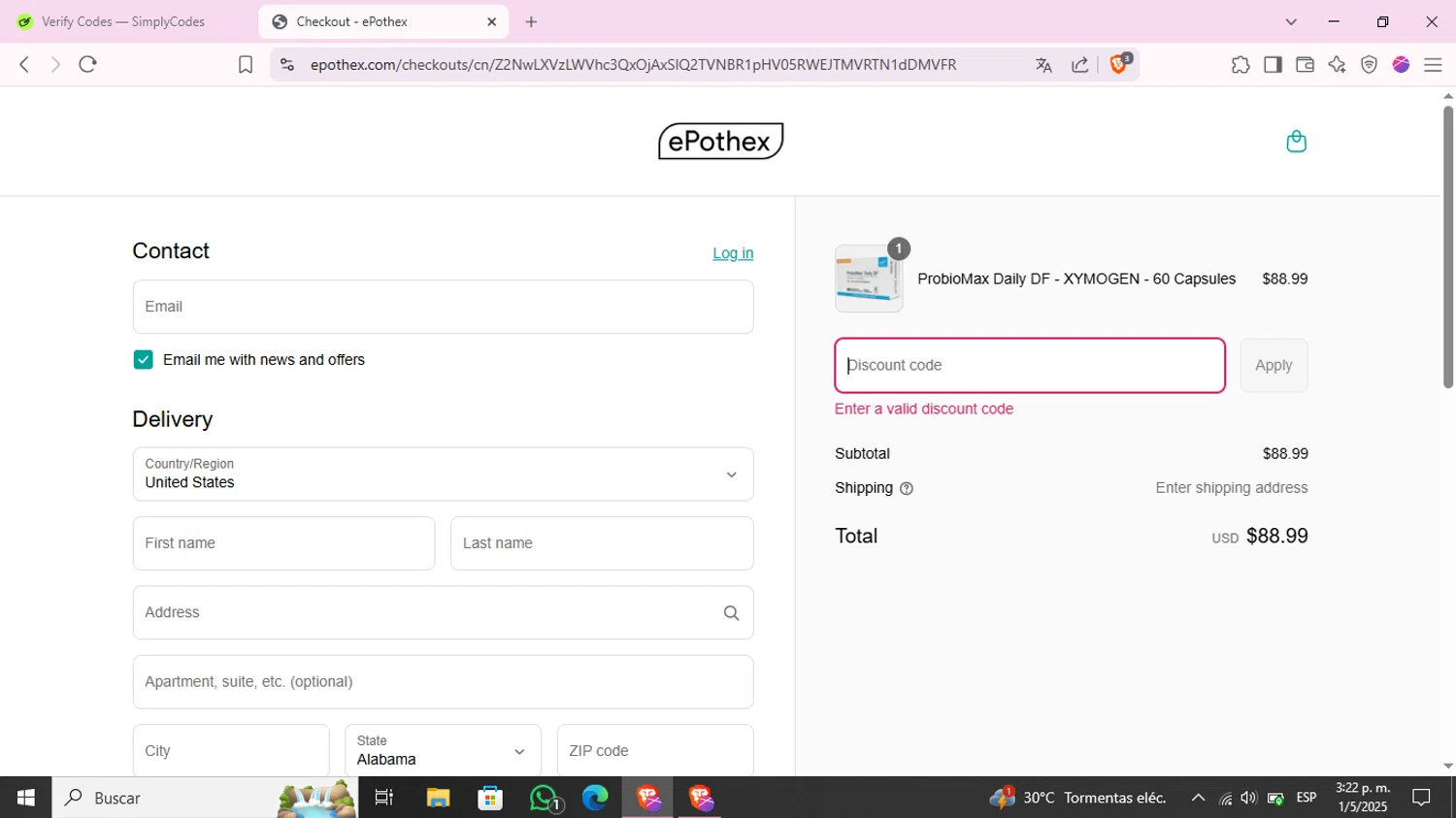 Epothex discount code screenshot showing code WELCOMEBACK10 applied at Epothex checkout page. Uploaded by SimplyCodes community member KimChrista_ on May 1, 2025