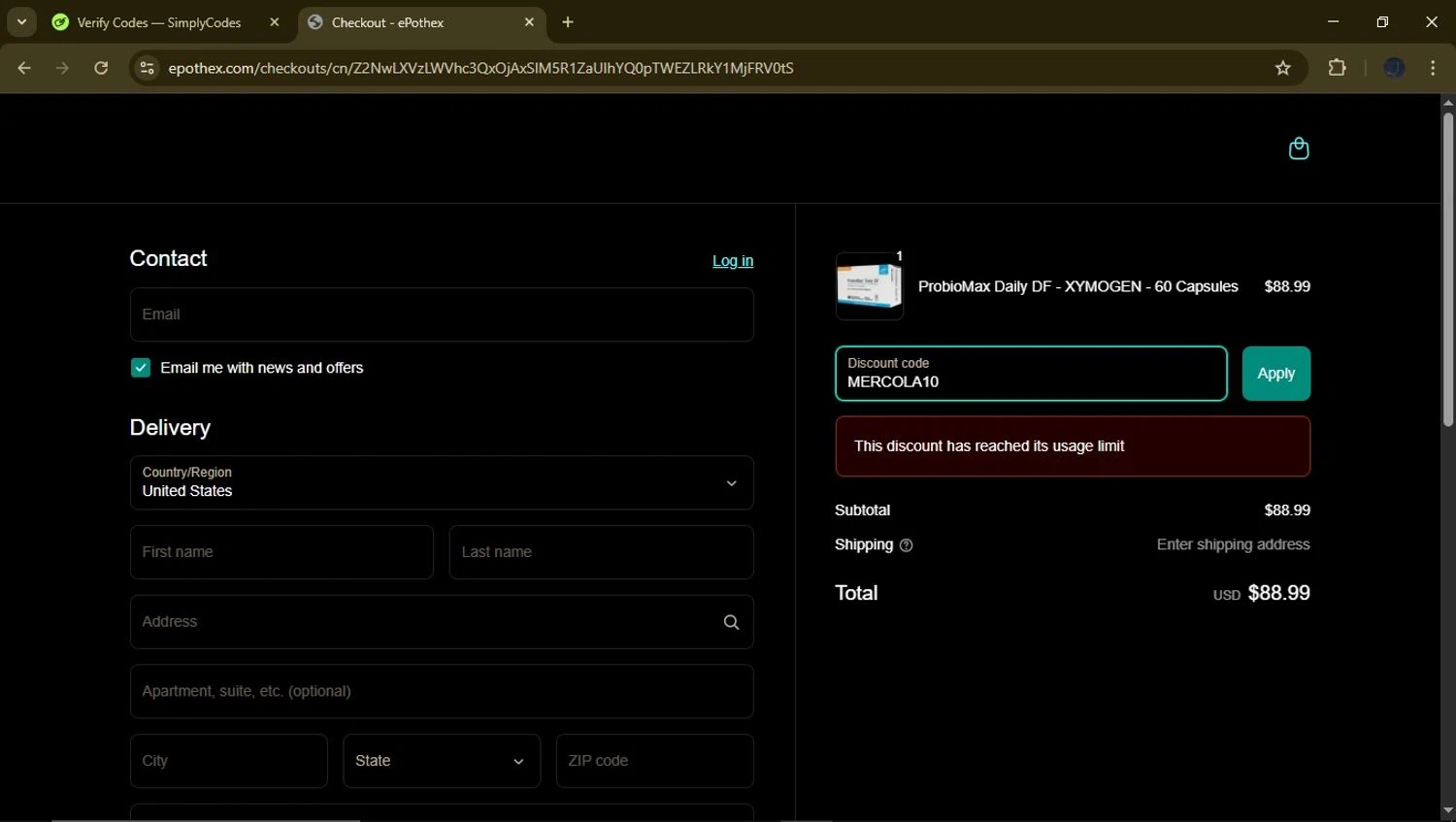 Epothex discount code screenshot showing code MERCOLA10 applied at Epothex checkout page. Uploaded by SimplyCodes community member GloriousFinder8415 on Apr 20, 2025