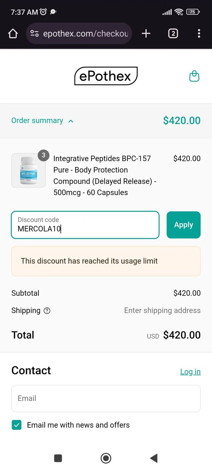 Epothex discount code screenshot showing code MERCOLA10 applied at Epothex checkout page. Uploaded by SimplyCodes community member juliocoronel038ef0f on Apr 20, 2025