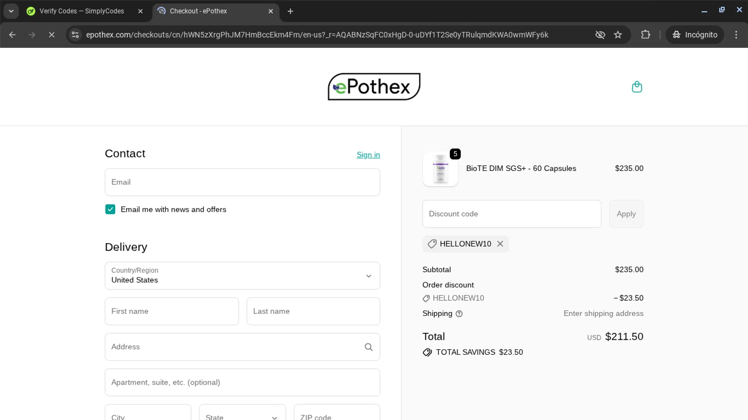 Epothex discount code screenshot showing code HELLONEW10 applied at Epothex checkout page. Uploaded by SimplyCodes community member AVAMUSTANG on Dec 3, 2025