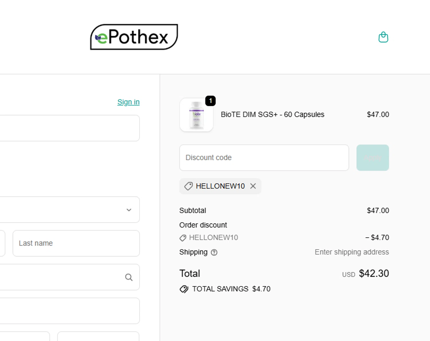 Epothex discount code screenshot showing code HELLONEW10 applied at Epothex checkout page. Uploaded by SimplyCodes community member Mileidy on Jan 5, 2026