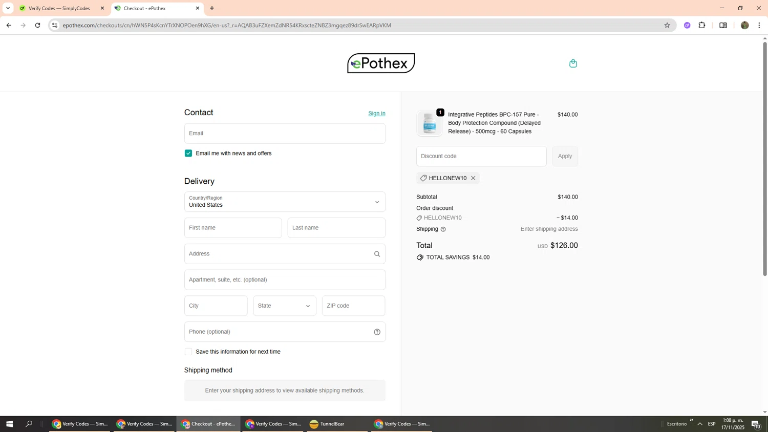 Epothex discount code screenshot showing code HELLONEW10 applied at Epothex checkout page. Uploaded by SimplyCodes community member Phoenix585 on Nov 17, 2025