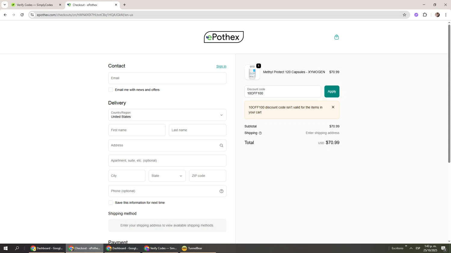 Epothex discount code screenshot showing code 10OFF100 applied at Epothex checkout page. Uploaded by SimplyCodes community member Levi_Ackerman on Oct 25, 2025