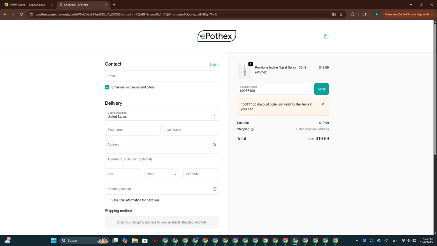 Epothex discount code screenshot showing code 10OFF100 applied at Epothex checkout page. Uploaded by SimplyCodes community member ScanPioneer7706 on Nov 6, 2025