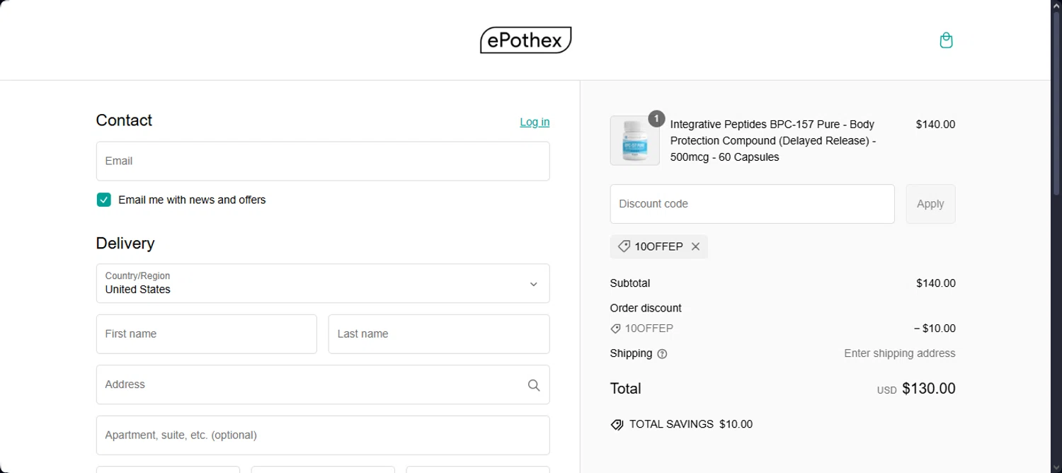 Epothex discount code screenshot showing code 10OFFEP applied at Epothex checkout page. Uploaded by SimplyCodes community member Santi_ago on Mar 1, 2025