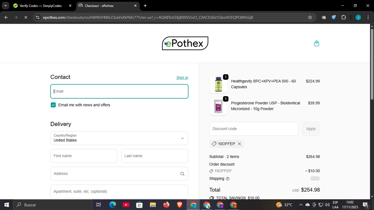 Epothex discount code screenshot showing code 10OFFEP applied at Epothex checkout page. Uploaded by SimplyCodes community member WonderCaptain6926 on Nov 17, 2025