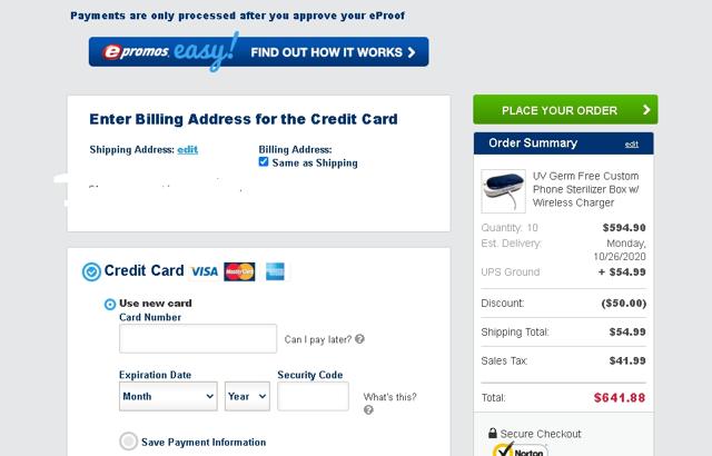 ePromos checkout page showing ePromos discount code box | Screenshot taken by SimplyCodes community member on Oct 13, 2020