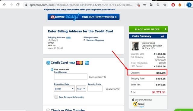 ePromos checkout page showing ePromos discount code box | Screenshot taken by SimplyCodes community member on Oct 12, 2020