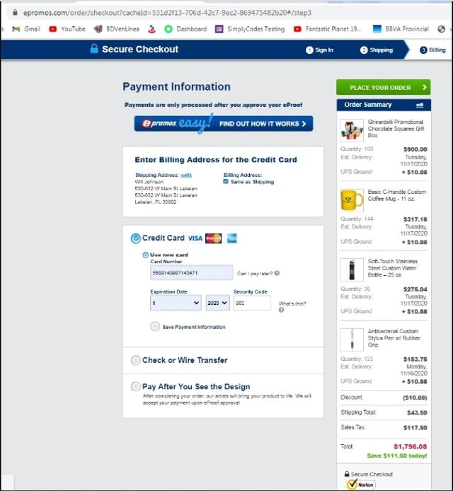 ePromos checkout page showing ePromos discount code box | Screenshot taken by SimplyCodes community member on Dec 10, 2020