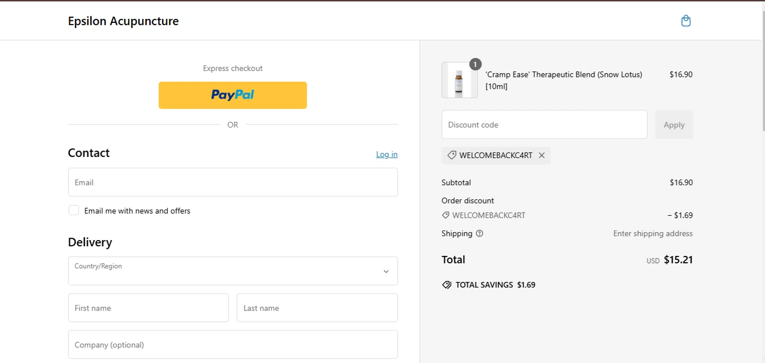 Epsilon Acupuncture discount code screenshot showing code WELCOMEBACKC4RT applied at Epsilon Acupuncture checkout page. Uploaded by SimplyCodes community member juanisaac on Jan 1, 2025
