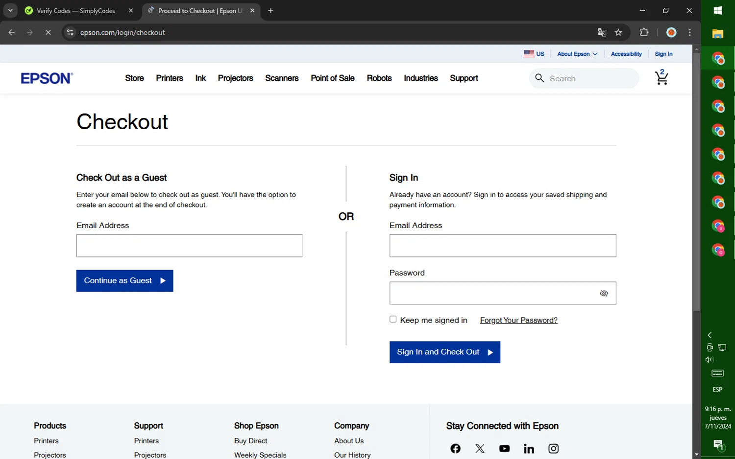Epson checkout page showing Epson coupon code box | Screenshot taken by SimplyCodes community member on Nov 8, 2024