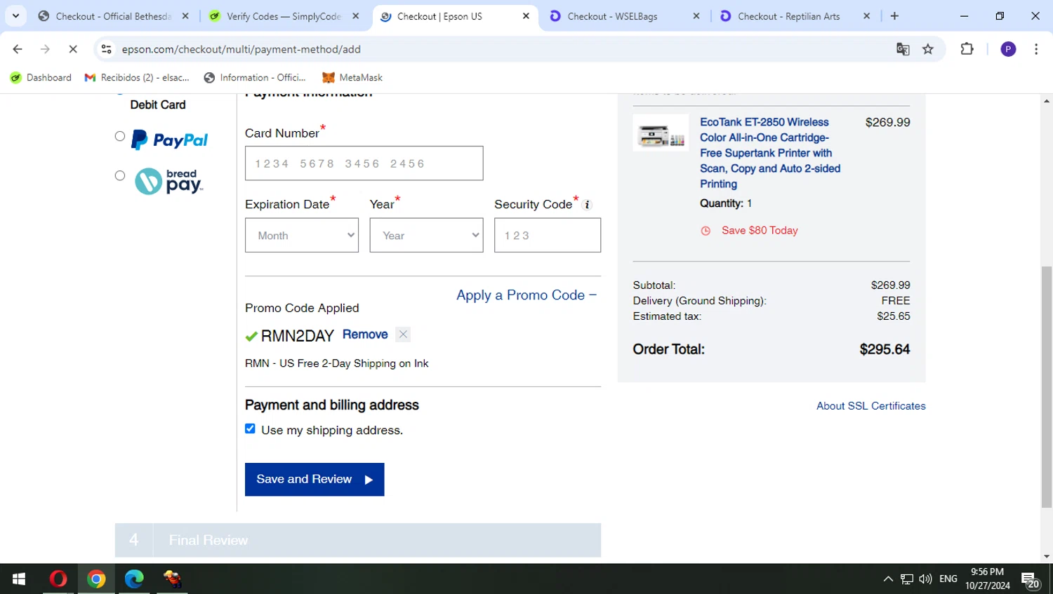 Epson checkout page showing Epson coupon code box | Screenshot taken by SimplyCodes community member on Oct 28, 2024