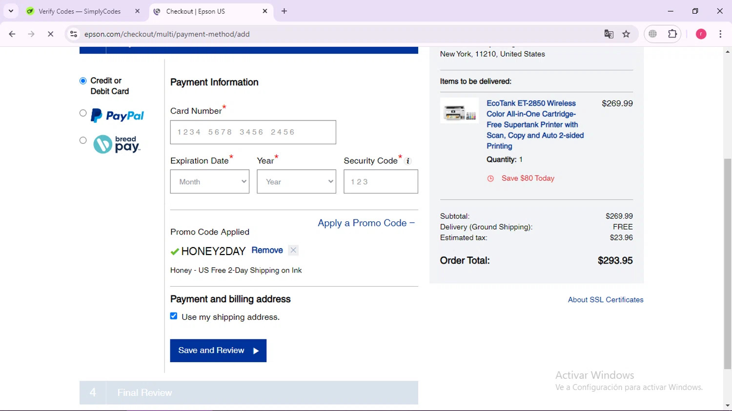 Epson checkout page showing Epson coupon code box | Screenshot taken by SimplyCodes community member on Oct 8, 2024