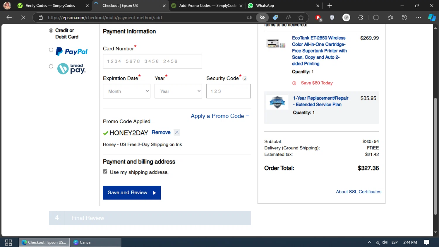Epson checkout page showing Epson coupon code box | Screenshot taken by SimplyCodes community member on Oct 3, 2024