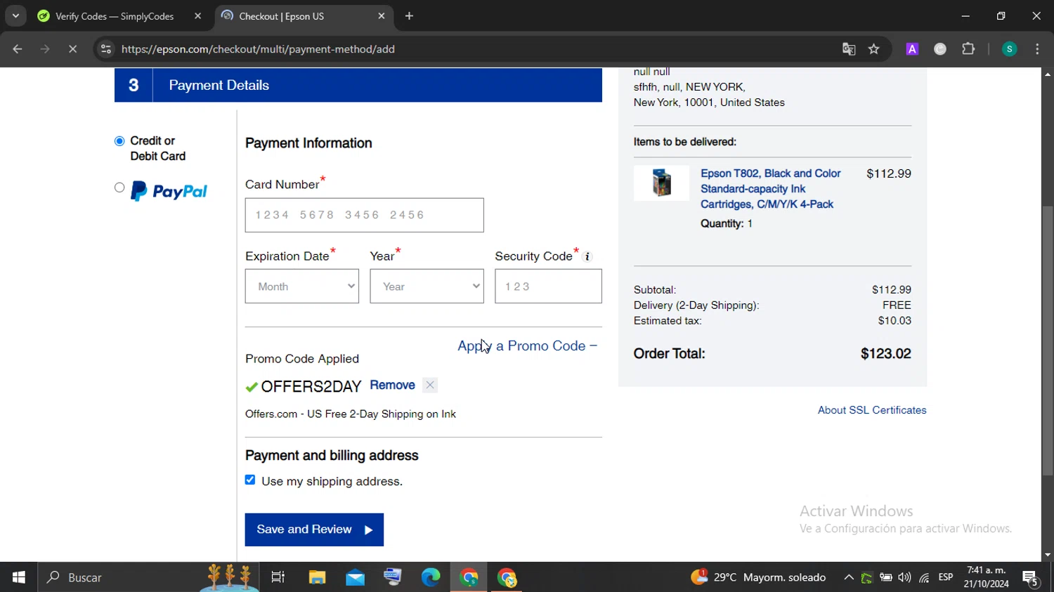 Epson checkout page showing Epson coupon code box | Screenshot taken by SimplyCodes community member on Oct 21, 2024