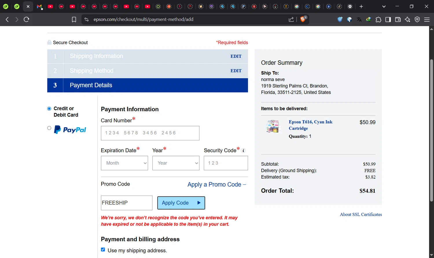 Epson coupon code screenshot showing code FREESHIP applied at Epson checkout page. Uploaded by SimplyCodes community member Norman_KSD on Jun 14, 2025