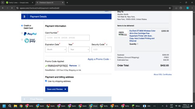 Epson checkout page showing Epson coupon code box | Screenshot taken by SimplyCodes community member on Oct 6, 2024