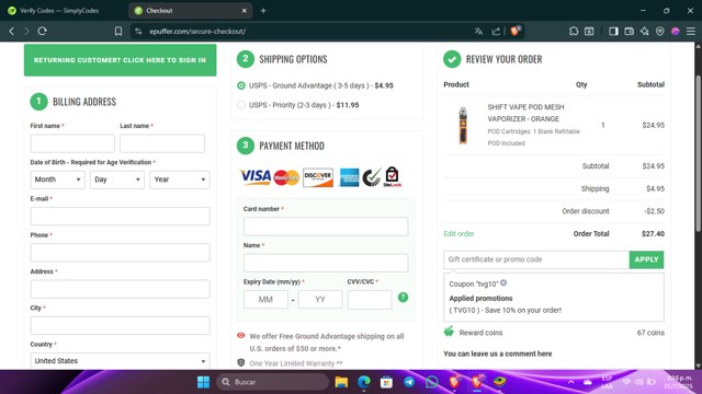ePuffer checkout page showing ePuffer promo code box | Screenshot taken by SimplyCodes community member on Jul 21, 2025