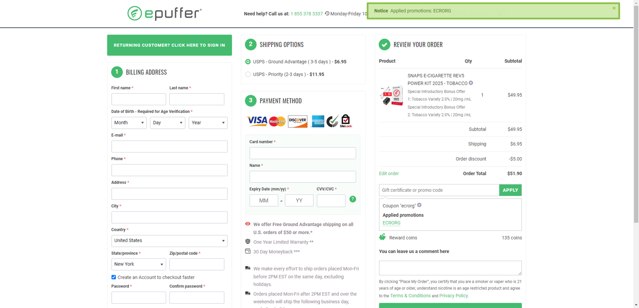 ePuffer checkout page showing ePuffer promo code box | Screenshot taken by SimplyCodes community member on Jul 21, 2025