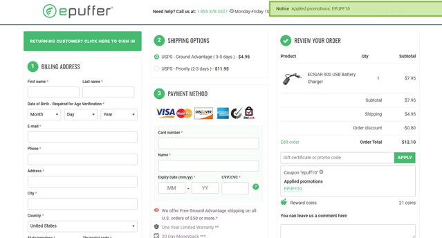 ePuffer checkout page showing ePuffer promo code box | Screenshot taken by SimplyCodes community member on Jul 19, 2025