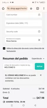 WELCOME10 coupon verification screenshot