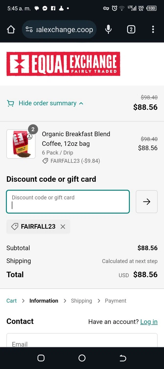 where to use Equal Exchange promo code box