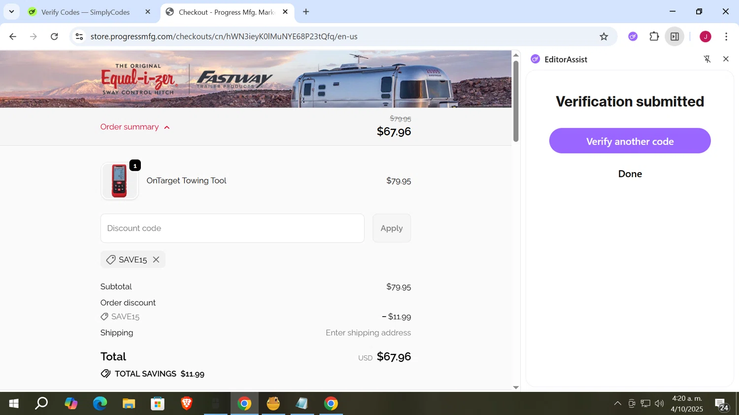Equalizer Hitch discount code screenshot showing code SAVE15 applied at Equalizer Hitch checkout page. Uploaded by SimplyCodes community member vergil_lains on Oct 4, 2025