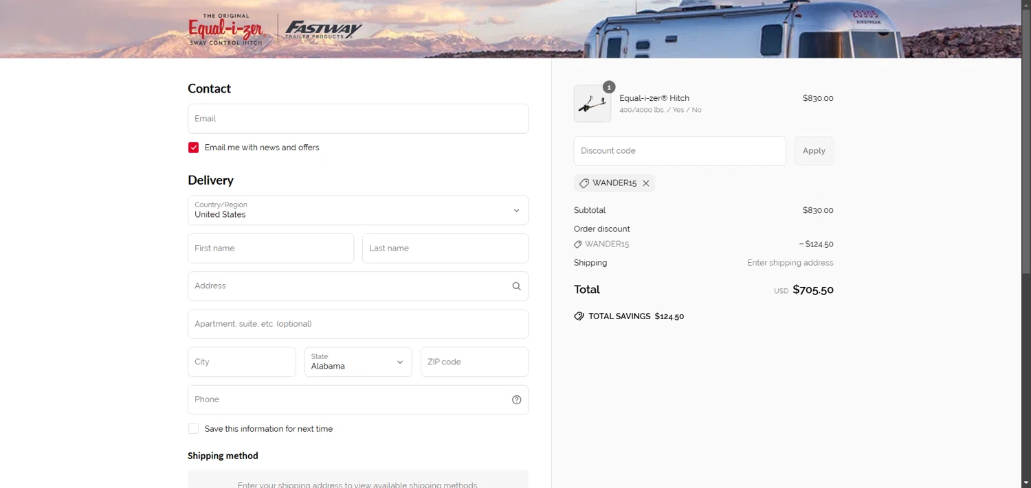 Equalizer Hitch discount code screenshot showing code wander15 applied at Equalizer Hitch checkout page. Uploaded by SimplyCodes community member SavvyLion5780 on May 25, 2025