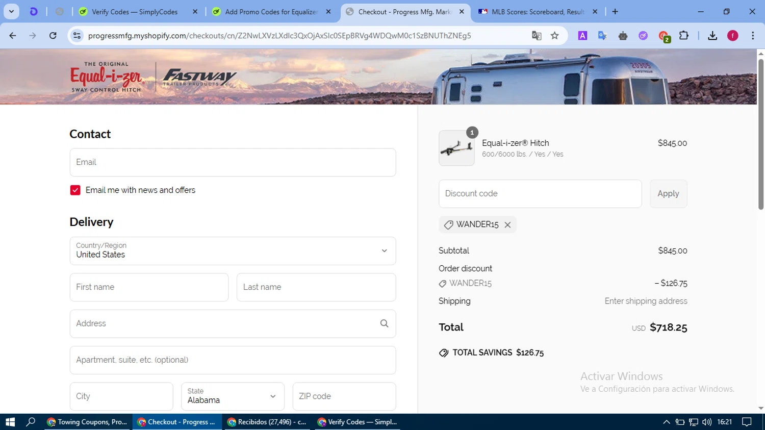 Equalizer Hitch discount code screenshot showing code wander15 applied at Equalizer Hitch checkout page. Uploaded by SimplyCodes community member fausguillermo on May 25, 2025