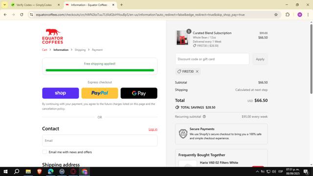 Equator Coffees & Teas checkout page showing Equator Coffees & Teas promo code box | Screenshot taken by SimplyCodes community member on Sep 8, 2025